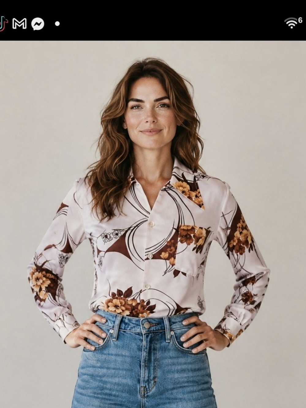 Paul Howard Satin Floral Button-Up Blouse in Blush and Brown | Size MED